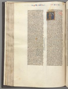 Fol. 76v, Joshua, historisk initial E, Joshua med en rulle, der knæler foran Gud, ca. 1275-1300. af Unbekannt