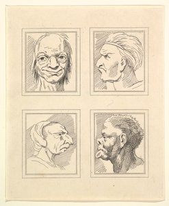 Fire hoveder fra Characaturas af Leonardo da Vinci, fra tegninger af Wincelslaus Hollar, o..., 1786. af Unbekannt