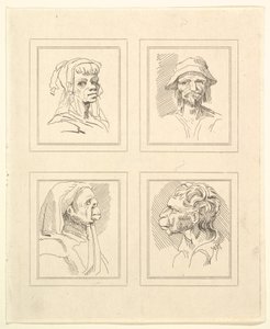 Fire hoveder fra Characaturas af Leonardo da Vinci, fra tegninger af Wincelslaus Hollar, o..., 1786. af Unbekannt