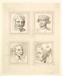Fire hoveder fra Characaturas af Leonardo da Vinci, fra tegninger af Wincelslaus Hollar, o..., 1786. af Unbekannt