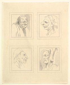 Fire hoveder fra Characaturas af Leonardo da Vinci, fra tegninger af Wincelslaus Hollar, o..., 1786. af Unbekannt