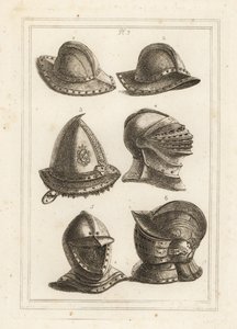 Fransk jerngrydehjelm 1,2, graveret stålhætte fra 1500-tallet 3, stor lys hjelm 4, åben hjelm 5, ornamenteret hjelm med visir 6 af Unbekannt