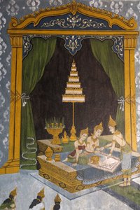 Fresko, der viser en scene fra Buddhas liv i Wat Phra Doi Suthep, Chiang Mai. Ung Buddha som prins. Thailand af Unbekannt