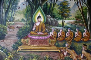 Fresko af Buddha med tilhængere i Wat Chiang Mun, Chiang Mai. Thailand af Unbekannt