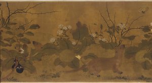 Havescene: meloner, ægplanter, blomster og to væsler, 1368-1644. af Unbekannt