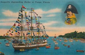 Gasparilla nærmer sig havn i Tampa, Florida, c1940