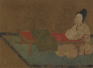Pige siddende ved en broderiramme, Ming-dynastiet, 1400-tallet. af Unbekannt