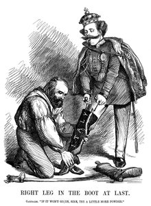 Giuseppe Garibaldi hjalp Victor Emmanuel II med at tage støvlen på Italien, 1860 af Unbekannt