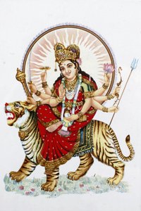Gudinde Sherawali (Durga) Rider på en tiger Rishikesh Indien af Unbekannt