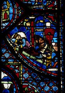 Gotisk arkitektur. Histoire de Charlemagne (detalje): Konstantins syn (I, kejser byzantinsk). Glasmosaik af det nordlige ambulatorium, absidial. Cathedrale de Chartres. af Unbekannt