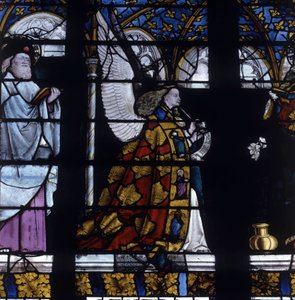 Gotisk arkitektur. Glasmaleri af bebudelsens engel, detalje af englen, ca. 1450, af mesteren af Jacques Coeur (Jacob de Littem). Cathedrale de Bourges. af Unbekannt