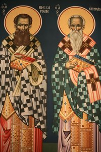 Græsk-ortodoks ikon, der forestiller Saint Vissarion og Saint Epiphanos Thessalonique, Grækenland af Unbekannt