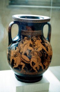 Græsk vase dekoreret med figurer af krigere, der kæmper af Unbekannt