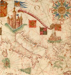HM 1549   LUÍS TEIXEIRA, PORTOLANSK SKART. Lissabon, ca. 1600 Indskrevet på en rulle "Por Luis Te[ixe]ira em Lix[bo]a." Solgt i 1867 af Henry Stevens (1791-1867) til Henry Huth (1815-78), The Huth Library (1880), pt. 4, 1171. Salg af Alfred Henry Huth (185 af Unbekannt