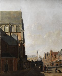 Haarlem, udsigt over byen (bykirke og markedsplads) af Unbekannt