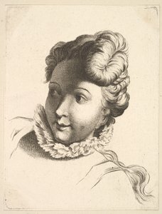 Hovedet af en kvinde iført ryg, fra Livre de Têtes Gravées dapres F. Boucher et ..., 1700-tallet. af Unbekannt