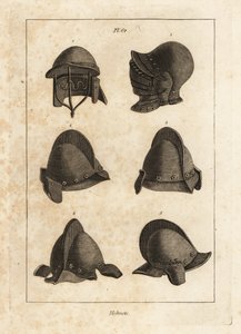 Hjelm med drikkevare, der kan åbnes ned i Tower of London 1, dobbelt-barret hjelm 2, og salg med oreillets eller ørestykker 3-6 af Unbekannt