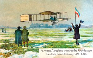 Henri Farman, fransk flyver, vinder præmie for første cirkulære kilometerflyvning, Paris, januar 1908 af Unbekannt