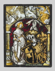 Heraldisk panel med Arms of Lichtenfels and a Unicorn Hunt, ca. 1515. af Unbekannt