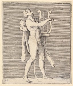 Hercules spiller en lyre, et løveskind draperet over hans skulder, udgivet ca. 1599-1622. af Unbekannt