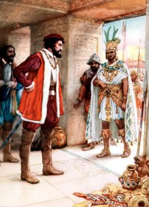 Hernan Cortes møder den aztekiske kejser Montezuma, 1519 af Unbekannt