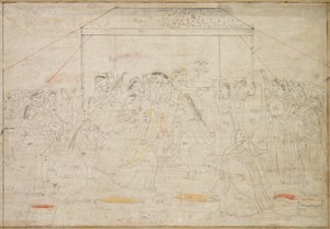 Hindu Gud Krishna bliver klædt i kvindetøj til forårsfest Holi, ca. 1790. af Unbekannt