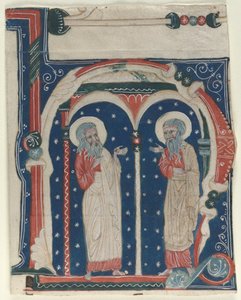 Historikert initial H Udskåret fra et antifonarium: SS. Eremitten Paul og Anthony, c1200-1230. af Unbekannt