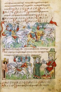 Igor Svyatoslavichs kamp med pechenegerne fra Radziwill Chronicle, 1400-tallet af Unbekannt