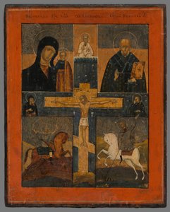 Ikon - Korsfæstelsen med Guds Moder i Kazan, Sankt Nikolaus, Sankt Georg og Sankt Dimitri af Unbekannt