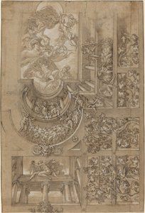 Illusionistisk loft med en druehal, figurer på gallerier og en central..., ca. 1570158 af Unbekannt