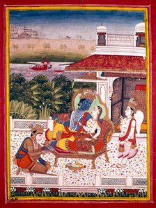 Indisk miniature, der viser Krishna og en prinsesse på en sofa, 1700-tallet af Unbekannt