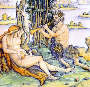 Italiensk fajanceplade, der viser satyrfamilien efter Durer af Unbekannt