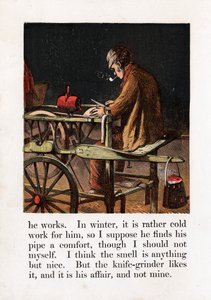 Omrejsende knivsliber sliber et blad ved at dreje et slibehjul med en trædeflade, c1867 af Unbekannt