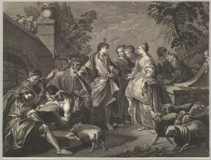 Jakob ankommer til Mesopotamien, 1700-tallet. af Unbekannt