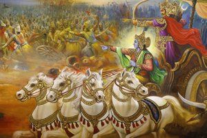 Jalaram Prathanna Hindu Temple, Leicester. Fresco. Krishna, vognføreren, der guider Arjuna på slagmarken i Kurukshetra. Det Forenede Kongerige af Unbekannt