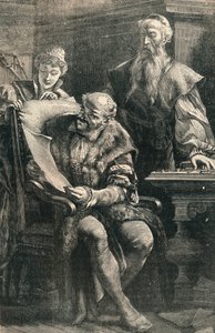 John Gutenberg viser en del af den første trykte bog til Faust, 14. århundrede, c1910 af Unbekannt