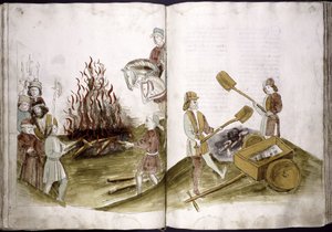 John Hus bliver brændt på bålet 6. juli 1415 og hans aske kastes i Rhinen fra: Ulrich Richental Chronicle of the Coun, 1414-1418 af Unbekannt