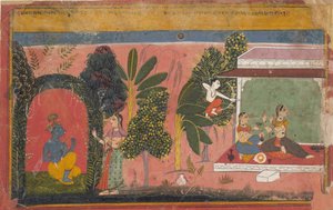 Kama sigter sin bue mod Radha: Side fra en spredt Gita Govinda Loves of Krishna, ca. 1695. af Unbekannt