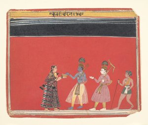 Krishna tager imod et tilbud fra den pukkelryggede kvinde Trivakra..., ca. 1650. af Unbekannt