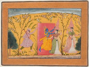 Krishna opkræver en vejafgift fra mælkepigerne, fra en Bhagavata Purana, ca. 1600. af Unbekannt