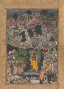 Krishna holder Govardhan-bjerget op for at beskytte landsbyboerne i Braj, Folio fra..., ca. 1590-95. af Unbekannt