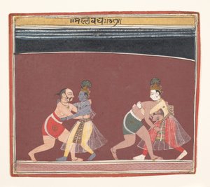 Krishna og Balarama bekæmper den onde konge Kamsas Wrestlers..., ca. 1650. af Unbekannt
