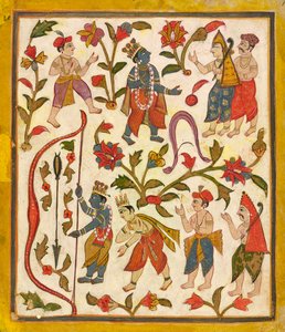 Krishna and the Bow, folio 24 fra Tula Ram Bhagavata Purana, ca. 1720. af Unbekannt