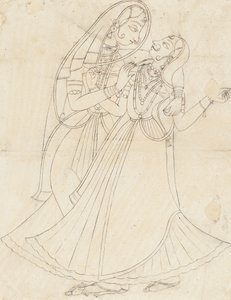 Krishna klædt som en kvinde Embracing Radha, 1800-tallet. af Unbekannt