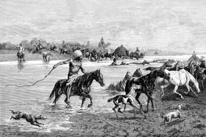 Kirgisere krydser en flod, Kirgisistan, 1895 af Unbekannt