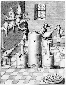 Laboratorium til raffinering af guld og sølv, viser typisk laboratorieudstyr, 1683 af Unbekannt
