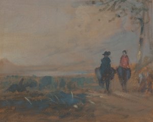 Landskab med sø og ridning af to figurer, ca. 1820. af Unbekannt
