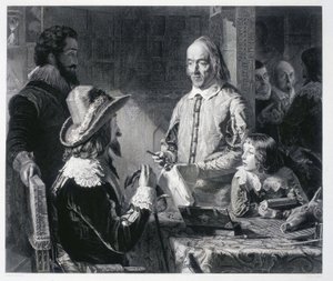 Den engelske læge William Harvey (1578-1637) viser kong Charles I Stuart af England (1600-1649) teorien om blodcirkulation af Unbekannt