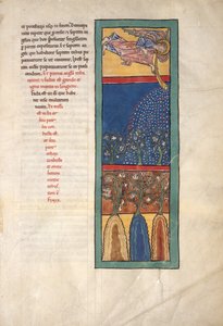 Blad fra et Beatus-manuskript: Den første engel lyder trompeten..., ca. 1180. af Unbekannt