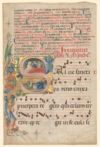 Blad fra en Gradual: Historieret initial S[alve Sancta Parens] med Jomfru rectos fødsel, ca. af Unbekannt